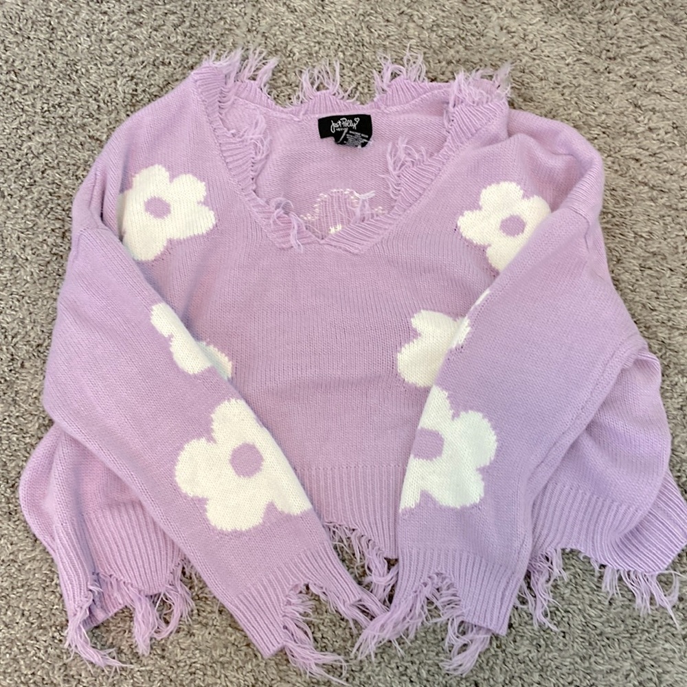 off the shoulder light purple fringe daisy sweater